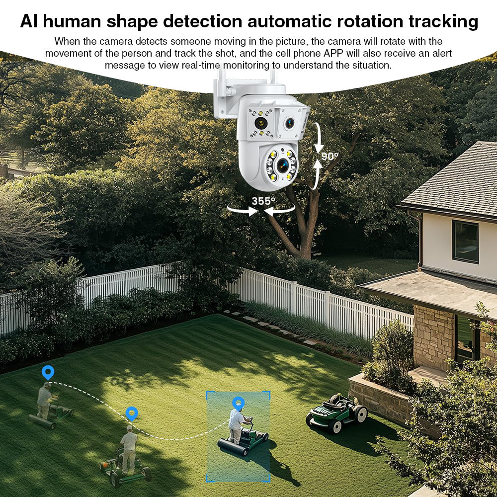 Tactical Outland camera tracking a person walking across a backyard with AI detection.