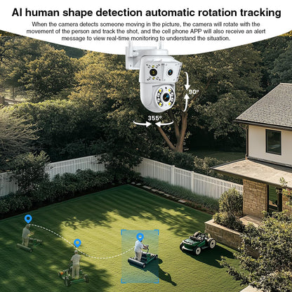 Tactical Outland camera tracking a person walking across a backyard with AI detection.