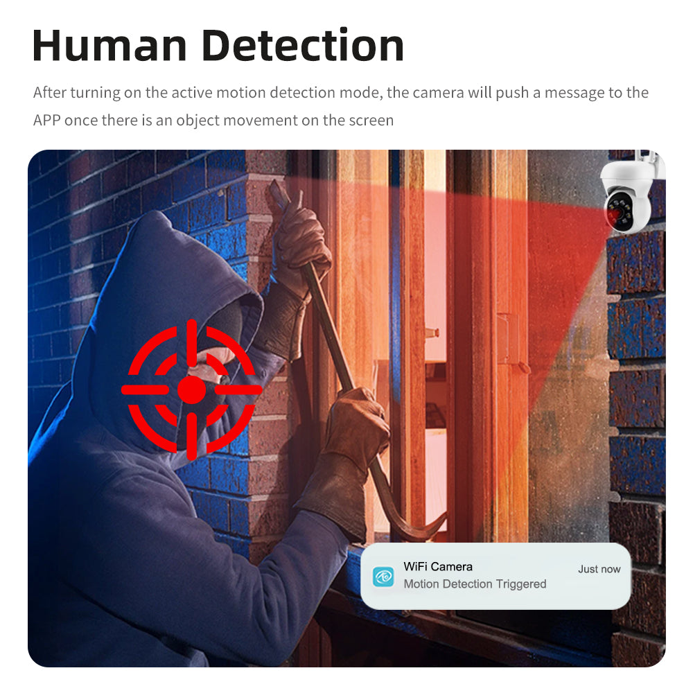 AI human detection security camera sending instant motion-triggered alerts to a mobile app.