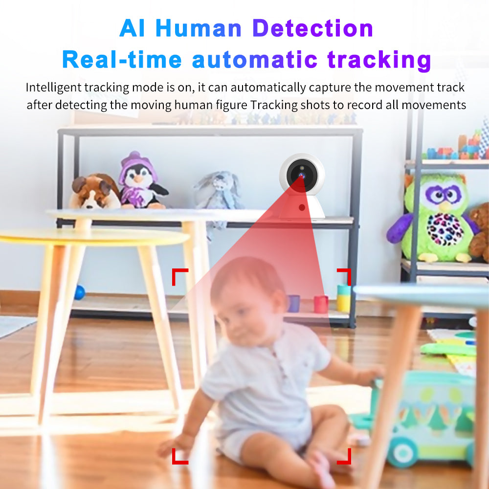 AI human detection feature showing the smart camera automatically tracking a baby's movement in a playroom for enhanced safety.