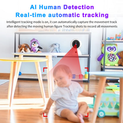 AI human detection feature showing the smart camera automatically tracking a baby's movement in a playroom for enhanced safety.
