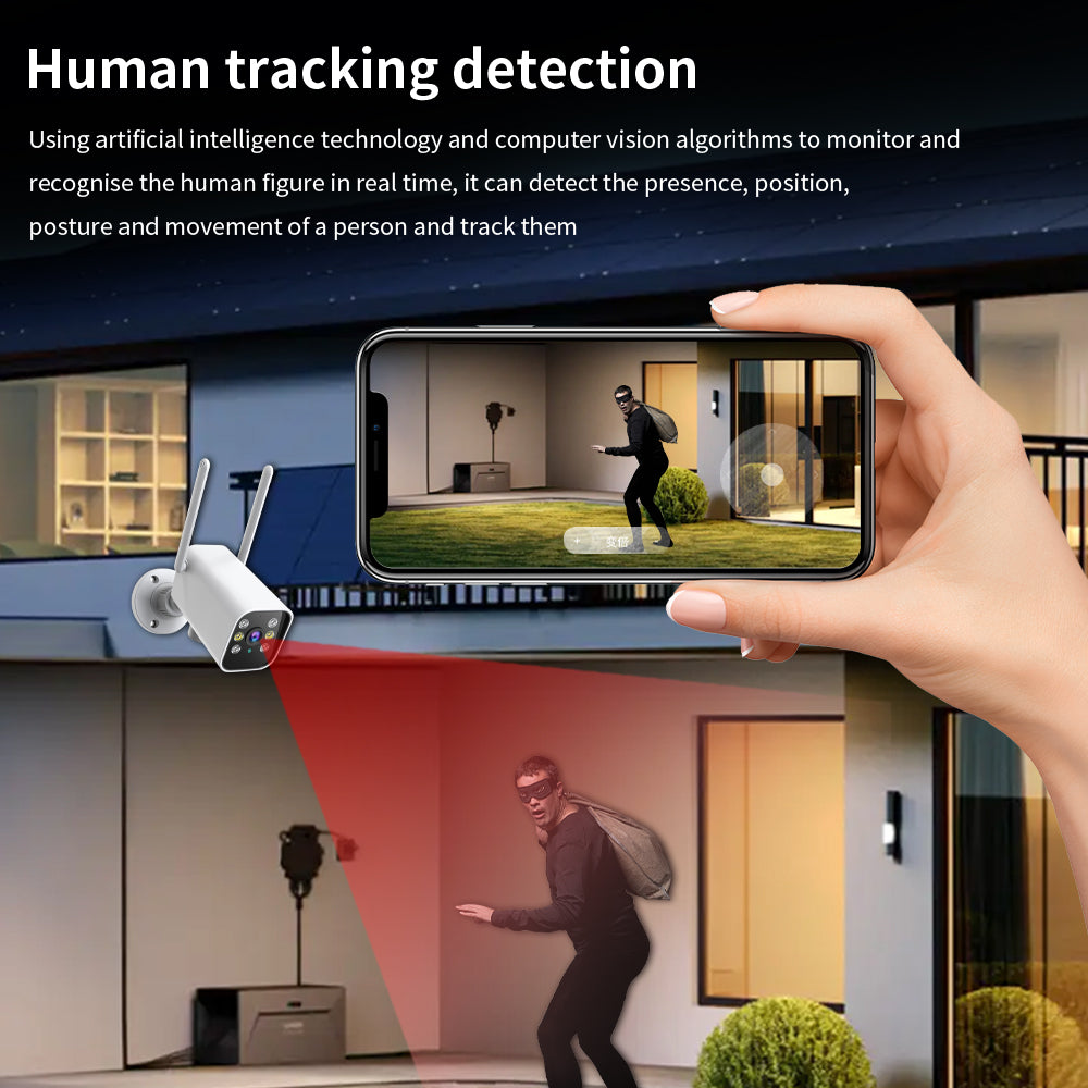 Smart AI security camera detecting and tracking a human intruder in real-time with a mobile alert notification.