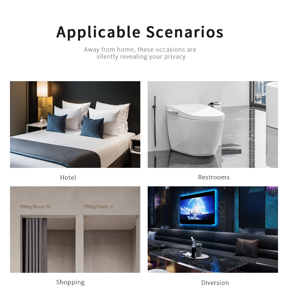 Collage showing where to use a hidden camera finder, including hotels, public restrooms, fitting rooms, and entertainment venues.