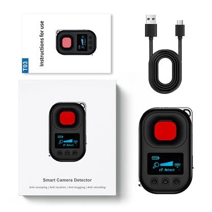 Complete product package including the Smart Camera Detector, USB-C cable, and user manual.