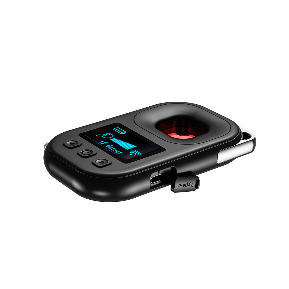 Close-up of the Tactical Outland Pro anti-spy device highlighting the modern Type-C fast-charging port and dust cover.