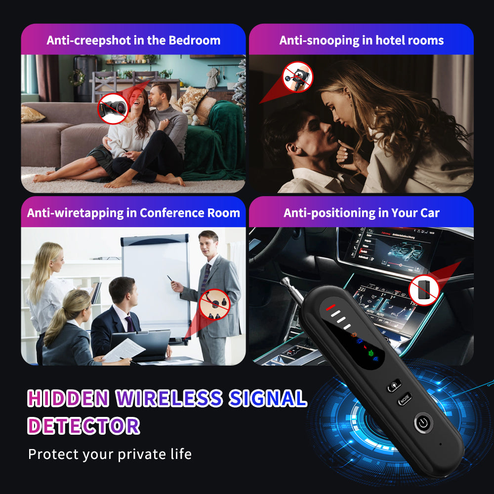 Anti-spy detector applications including bedroom privacy, hotel room security, office wiretapping prevention, and car tracking protection.