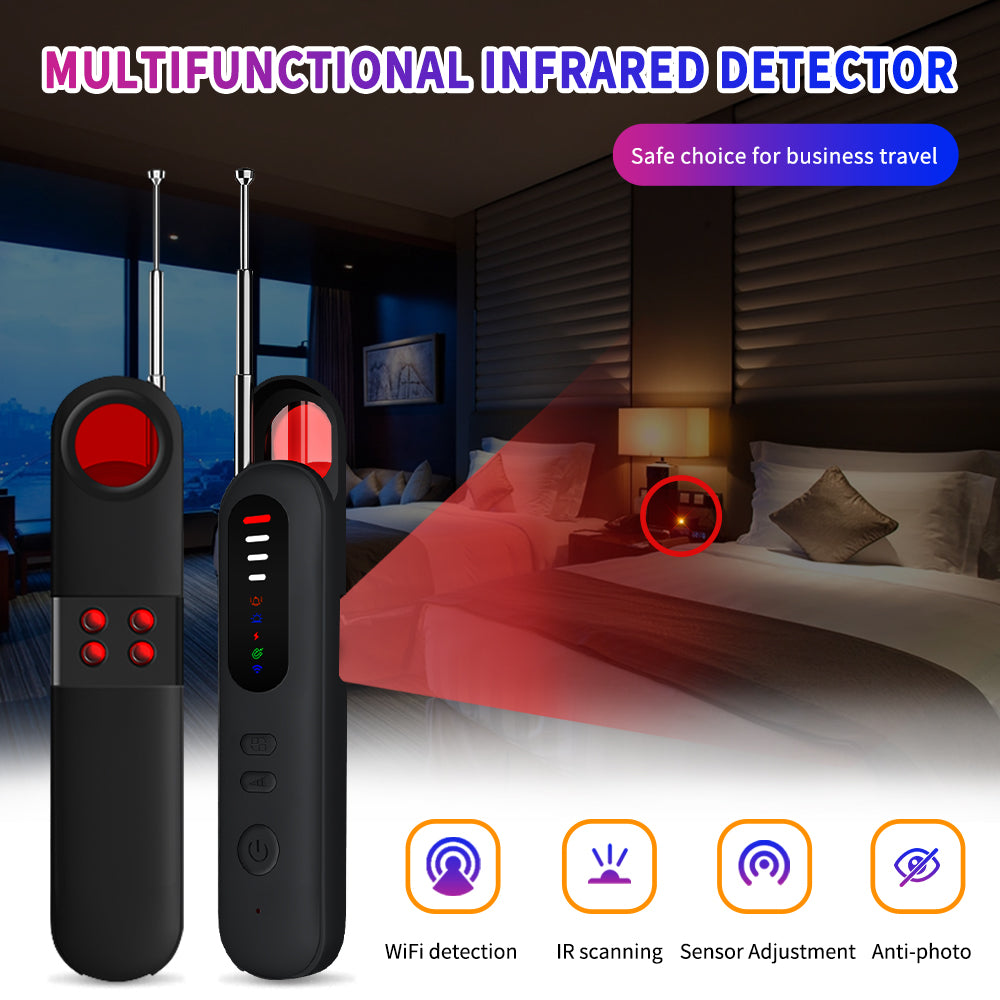 4-in-1 anti-spy detector featuring WiFi detection, IR scanning, and sensor adjustment for business travel security.