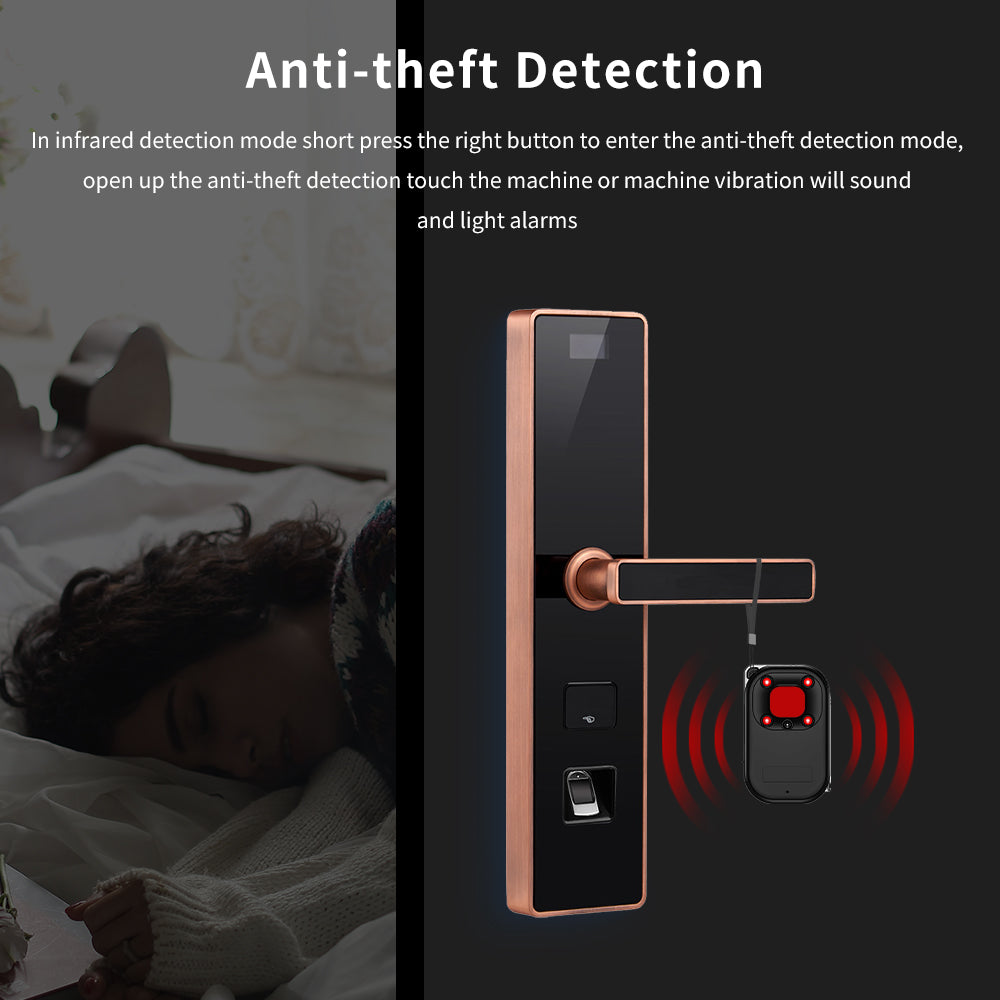 Anti-theft detection mode with vibration alarm used on a hotel room door handle for personal travel security.