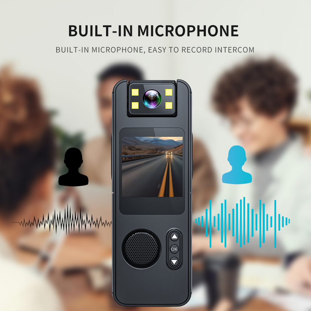 Close-up of the Tactical Outland body cam showing the built-in microphone for high-quality audio recording during meetings and field interviews.