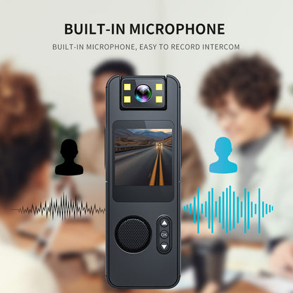 Close-up of the Tactical Outland body cam showing the built-in microphone for high-quality audio recording during meetings and field interviews.