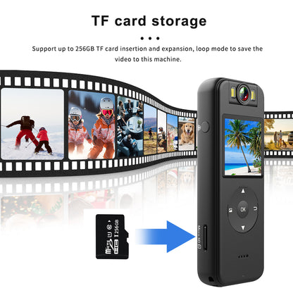 Portable body camera supporting up to 256GB TF card storage with loop recording technology to save critical video evidence.