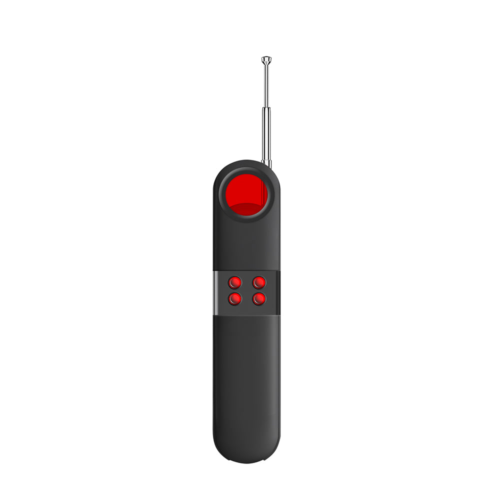 Rear view of the hidden camera detector showing the red infrared scanning viewfinder and LED signal indicators.