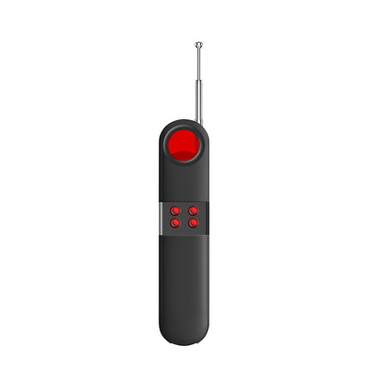 Rear view of the hidden camera detector showing the red infrared scanning viewfinder and LED signal indicators.