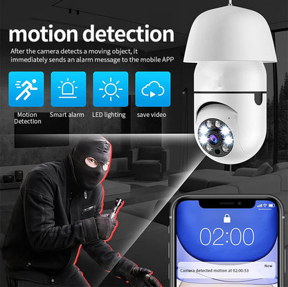 Simple 3-step installation guide: screw in bulb camera, download app, and connect WiFi.
