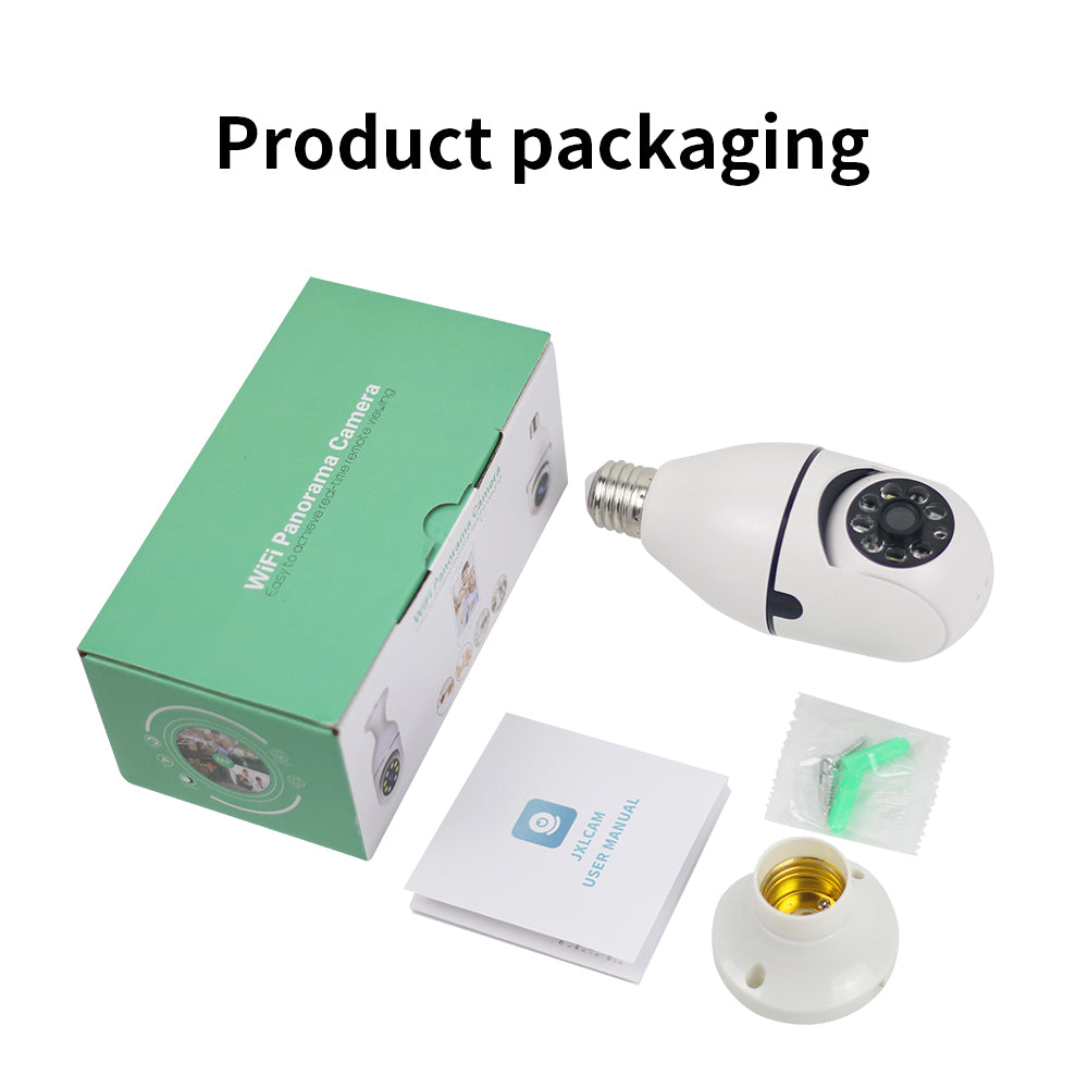 Full retail box content including the bulb camera, E27 base, screws, and user manual.