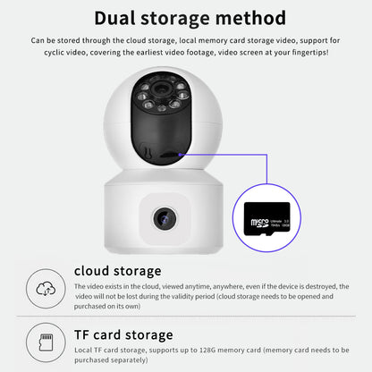 Dual storage options showing local TF card slot up to 128GB and secure cloud storage for video backup.