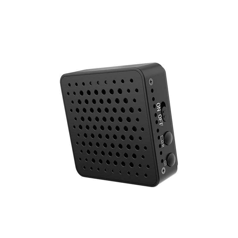 Side view of the tactical mini camera highlighting the ON/OFF switch and mode adjustment buttons.