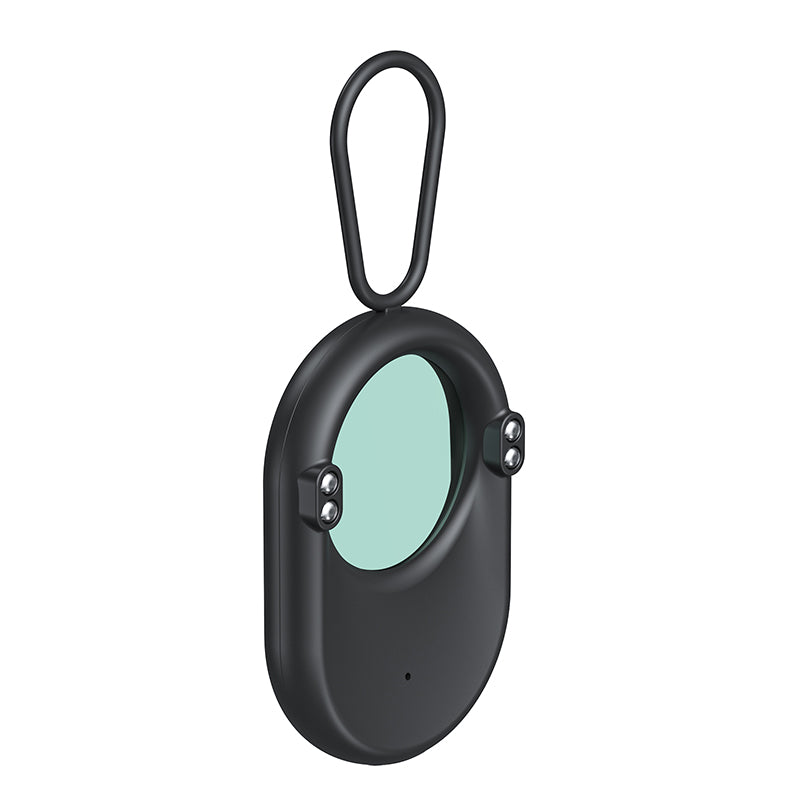 Side profile of the compact anti-spy gadget designed for easy attachment to bags and luggage.