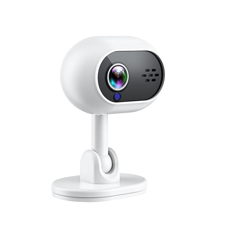 Side view of a compact indoor surveillance camera for home security and pet monitoring.