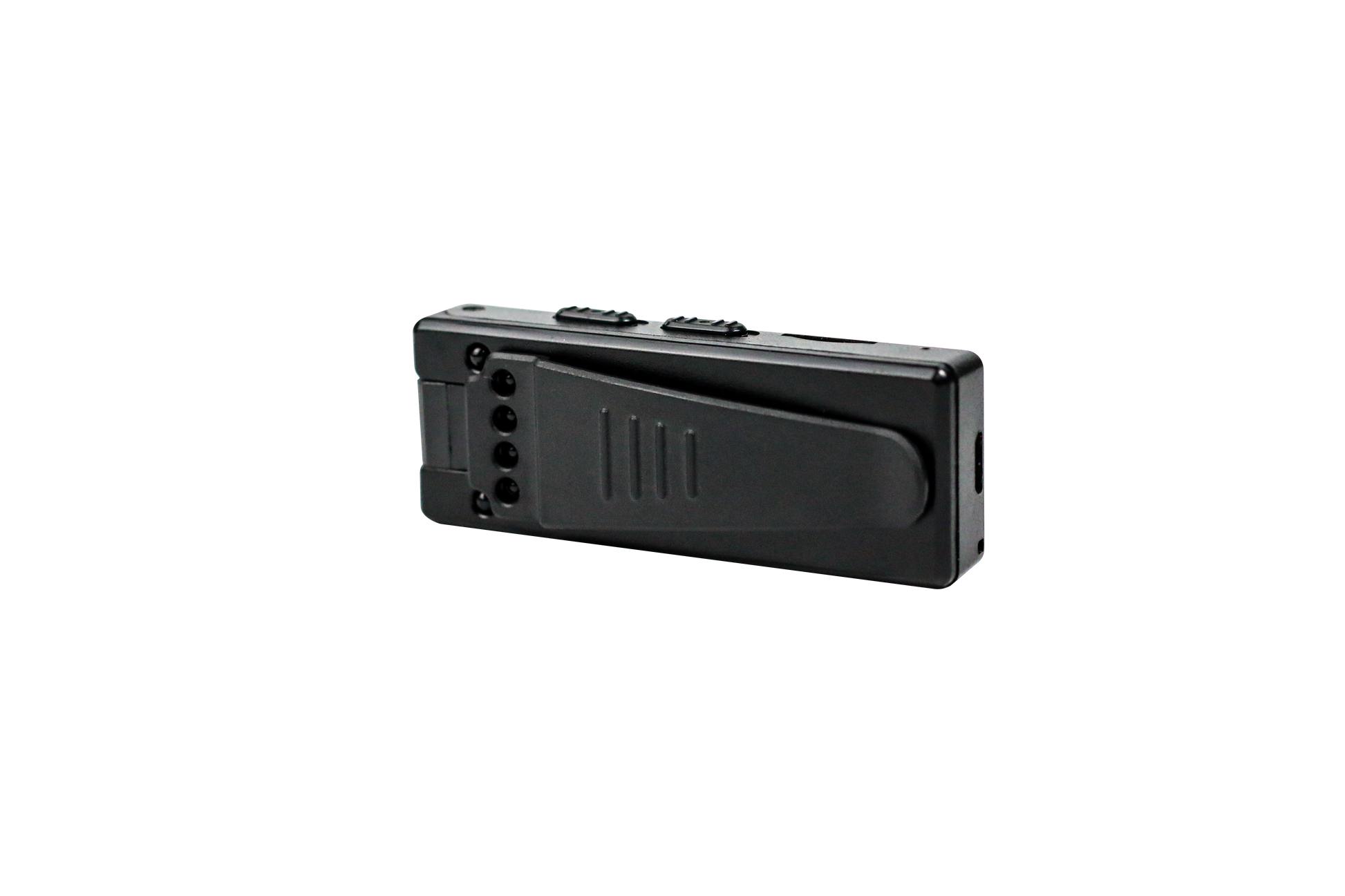 Horizontal view of the HD body camera showcasing the USB charging port and streamlined tactical form factor.