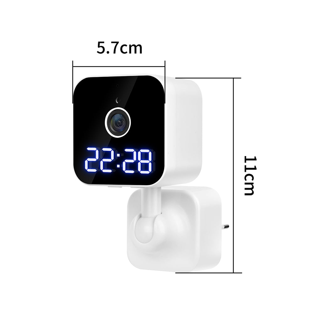 Product dimensions of the plug-in clock camera showing a compact 11cm by 5.7cm design.