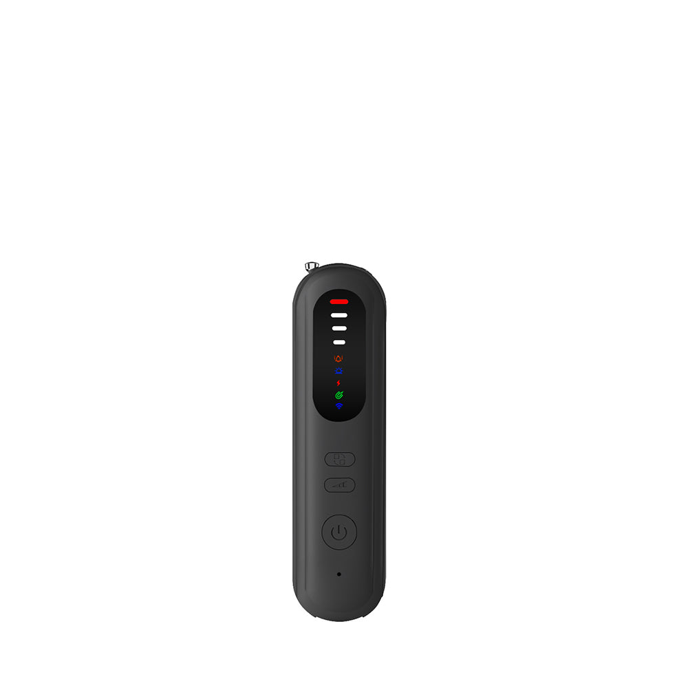 Front view of the compact spy camera finder featuring an intuitive LED interface for signal strength and mode selection.