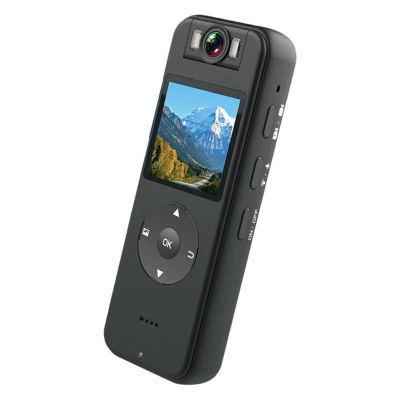 Angled view of the sleek, black Tactical Outland Pro body camera showing the high-definition display.