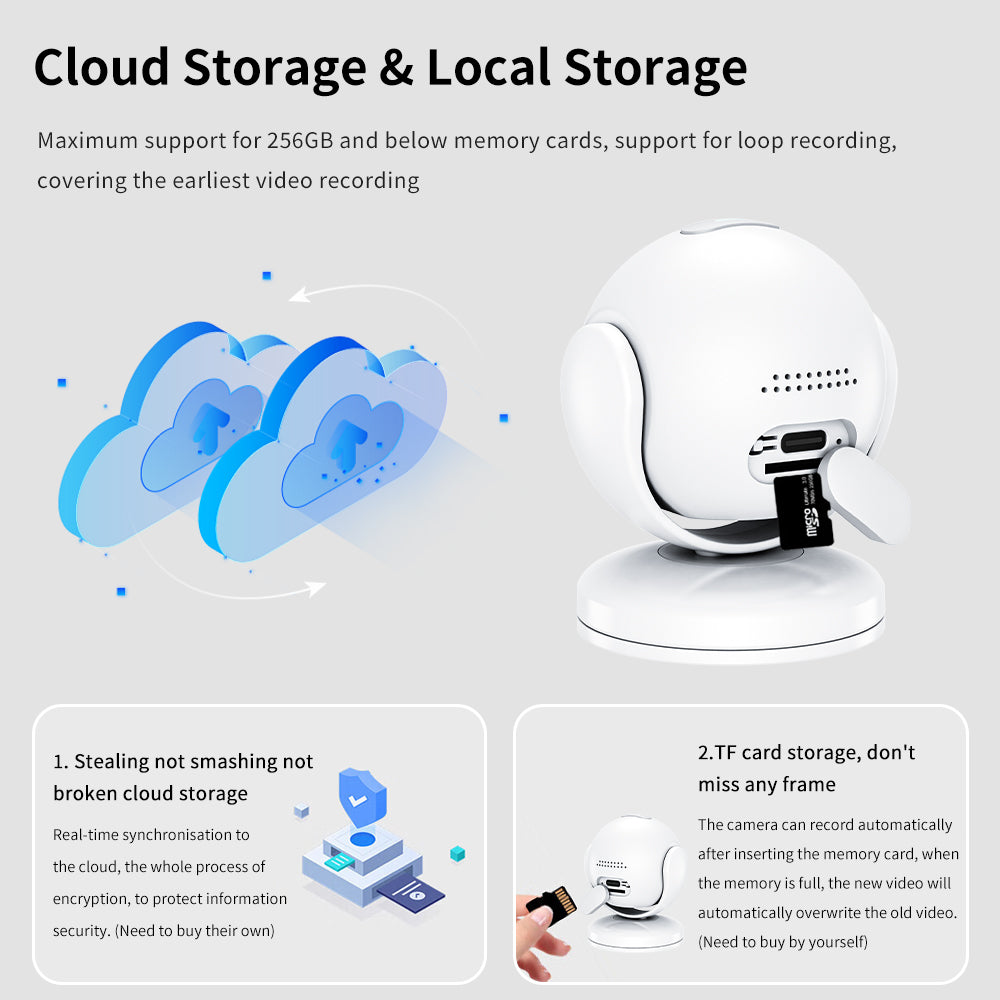 1080P smart WiFi camera retail box including magnetic stand, USB cable, and user manual.