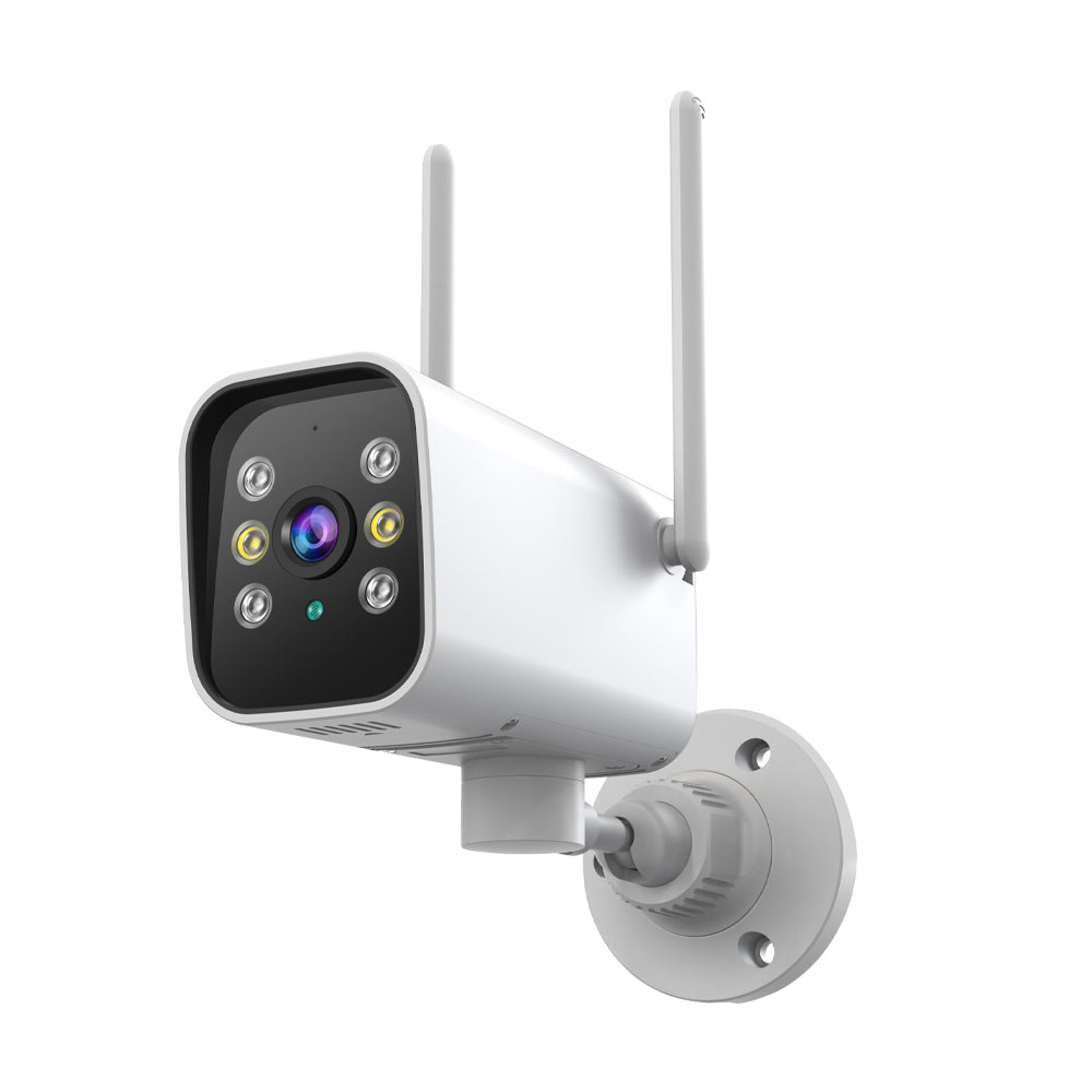 Left-side view of the smart security camera emphasizing the dual-antenna setup for stable long-range wireless connectivity.