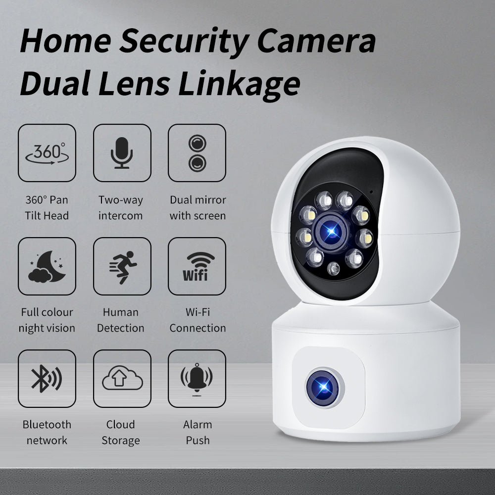 Tactical Outland dual lens smart home security camera with 360-degree pan-tilt, two-way audio, and humanoid detection features.