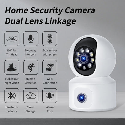 Tactical Outland dual lens smart home security camera with 360-degree pan-tilt, two-way audio, and humanoid detection features.