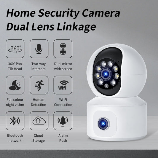 Tactical Outland dual lens smart home security camera with 360-degree pan-tilt, two-way audio, and humanoid detection features.
