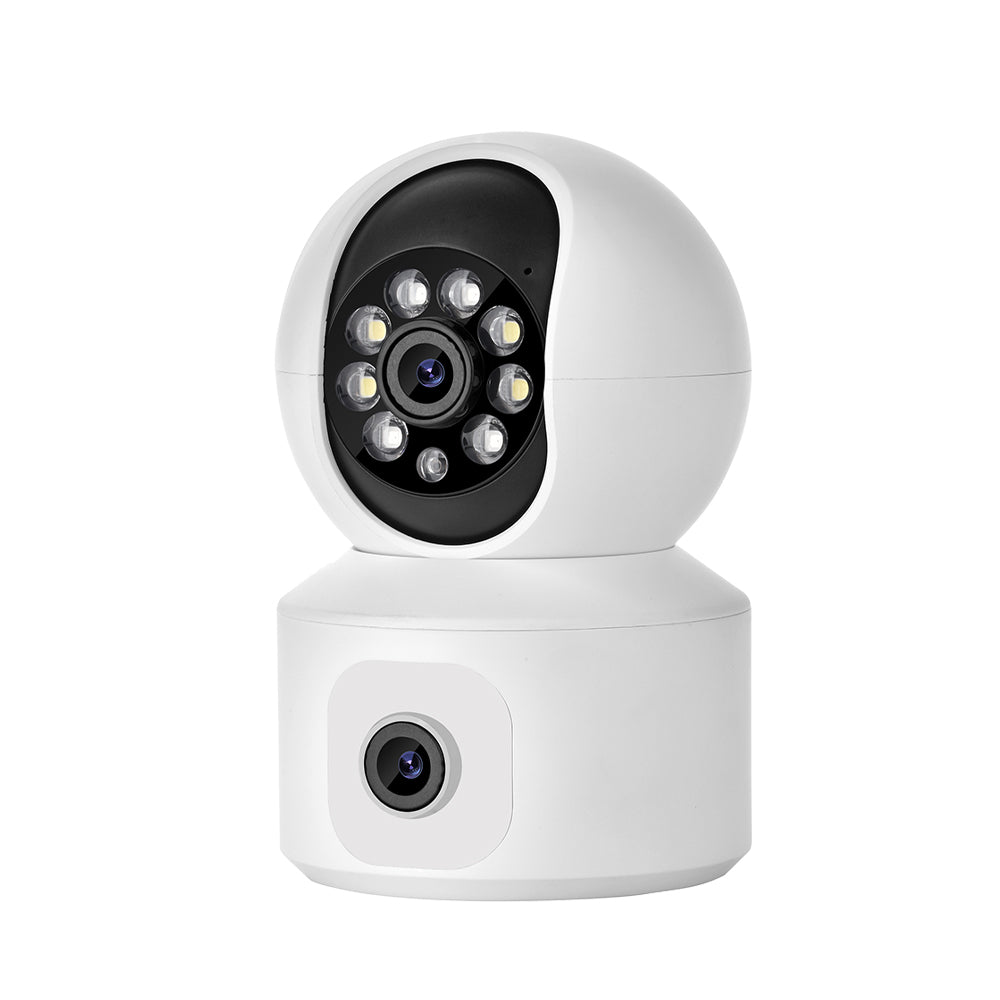Side-angle view of the white Tactical Outland smart indoor camera showing the dual-lens design for wide-angle and PTZ monitoring.