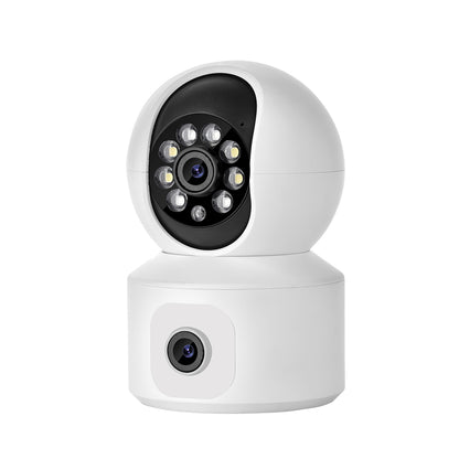 Side-angle view of the white Tactical Outland smart indoor camera showing the dual-lens design for wide-angle and PTZ monitoring.
