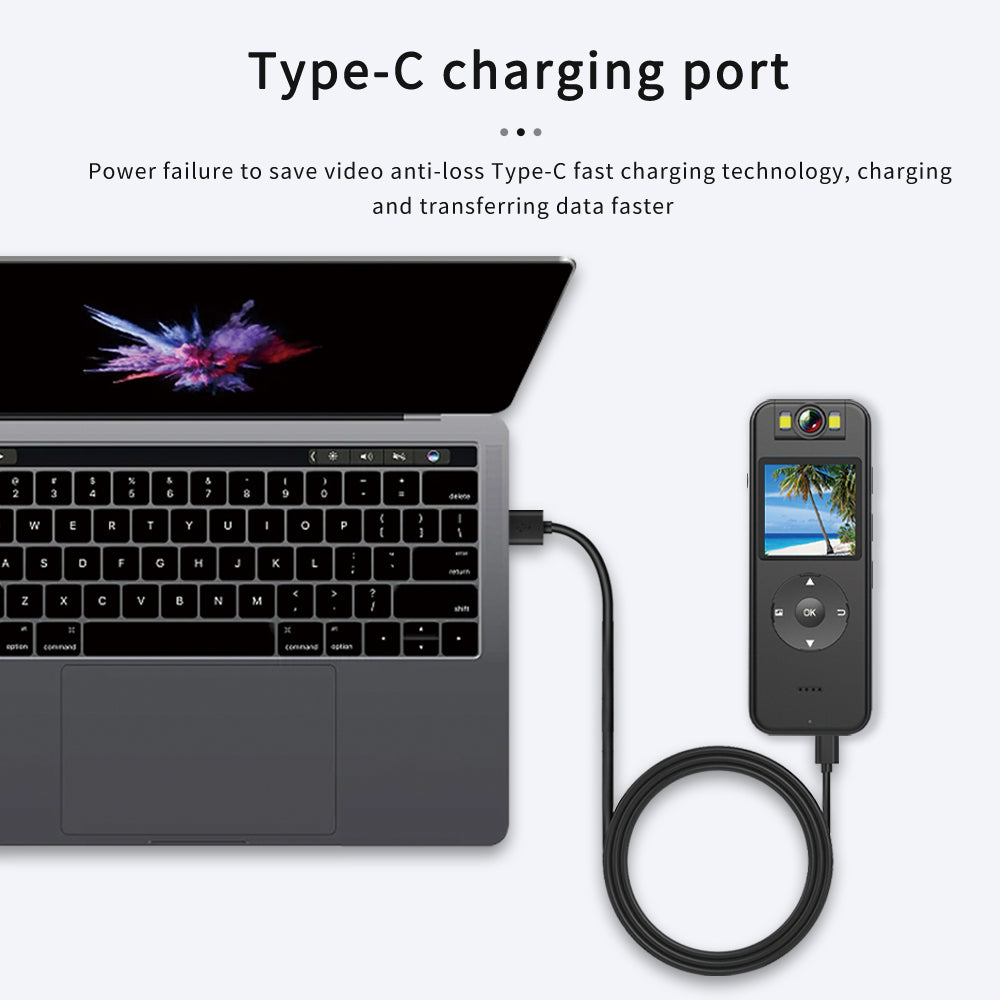 Tactical body camera connected to a laptop via Type-C fast charging cable for high-speed data transfer and video file management.