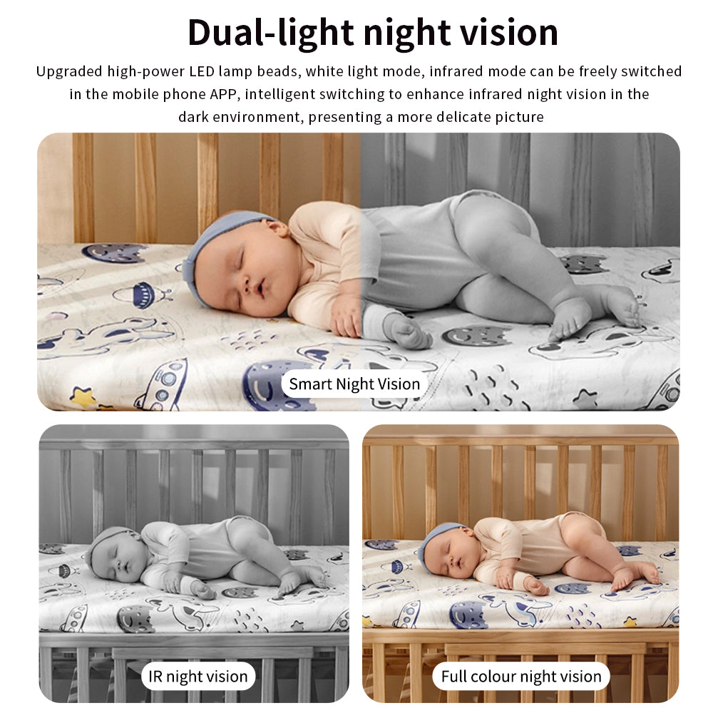 Comparison of infrared black and white night vision versus full-color night vision monitoring a sleeping baby.