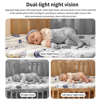 Comparison of infrared black and white night vision versus full-color night vision monitoring a sleeping baby.