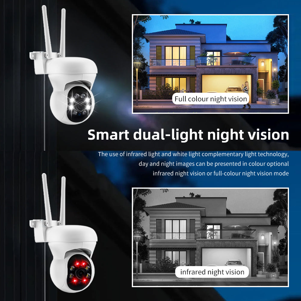 Smart dual-light night vision camera featuring full-color and infrared modes for 24/7 security.