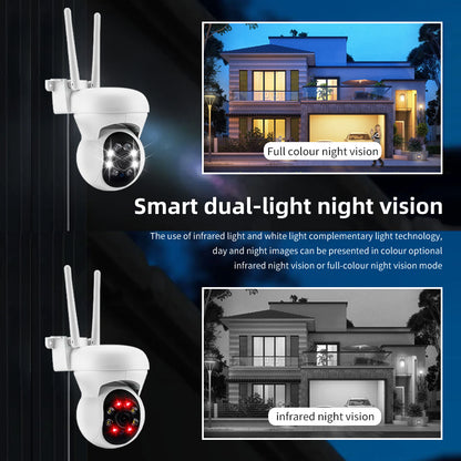 Smart dual-light night vision camera featuring full-color and infrared modes for 24/7 security.