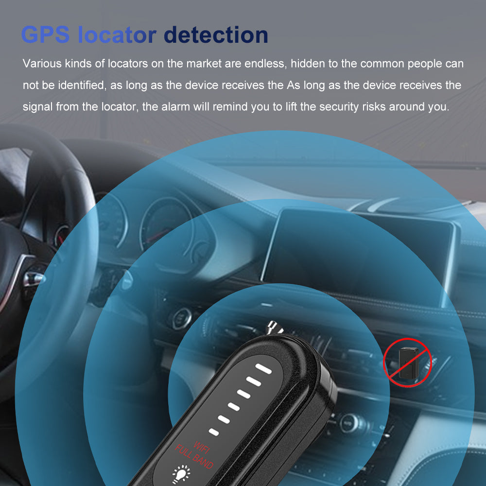 Handheld GPS tracker finder scanning a vehicle interior to identify and remove hidden tracking devices.