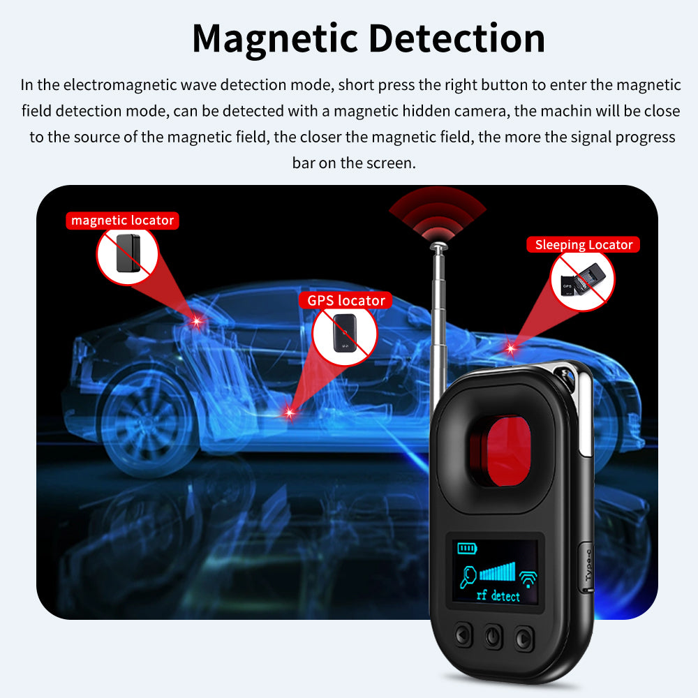 Magnetic field detection mode locating hidden GPS trackers and sleeping locators inside a vehicle.