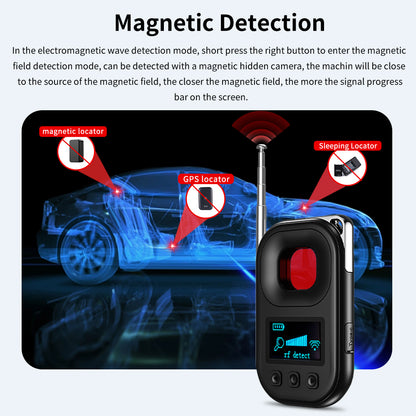 Magnetic field detection mode locating hidden GPS trackers and sleeping locators inside a vehicle.