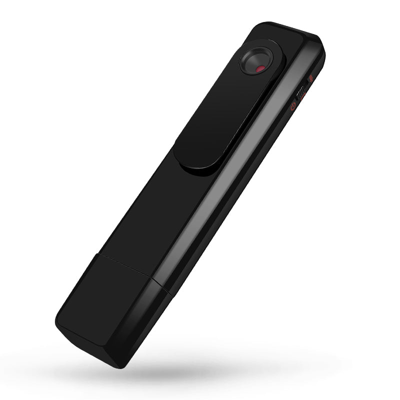 Perspective view of the HD 1080P mini body camera highlighting the wide-angle lens and durable tactical housing.