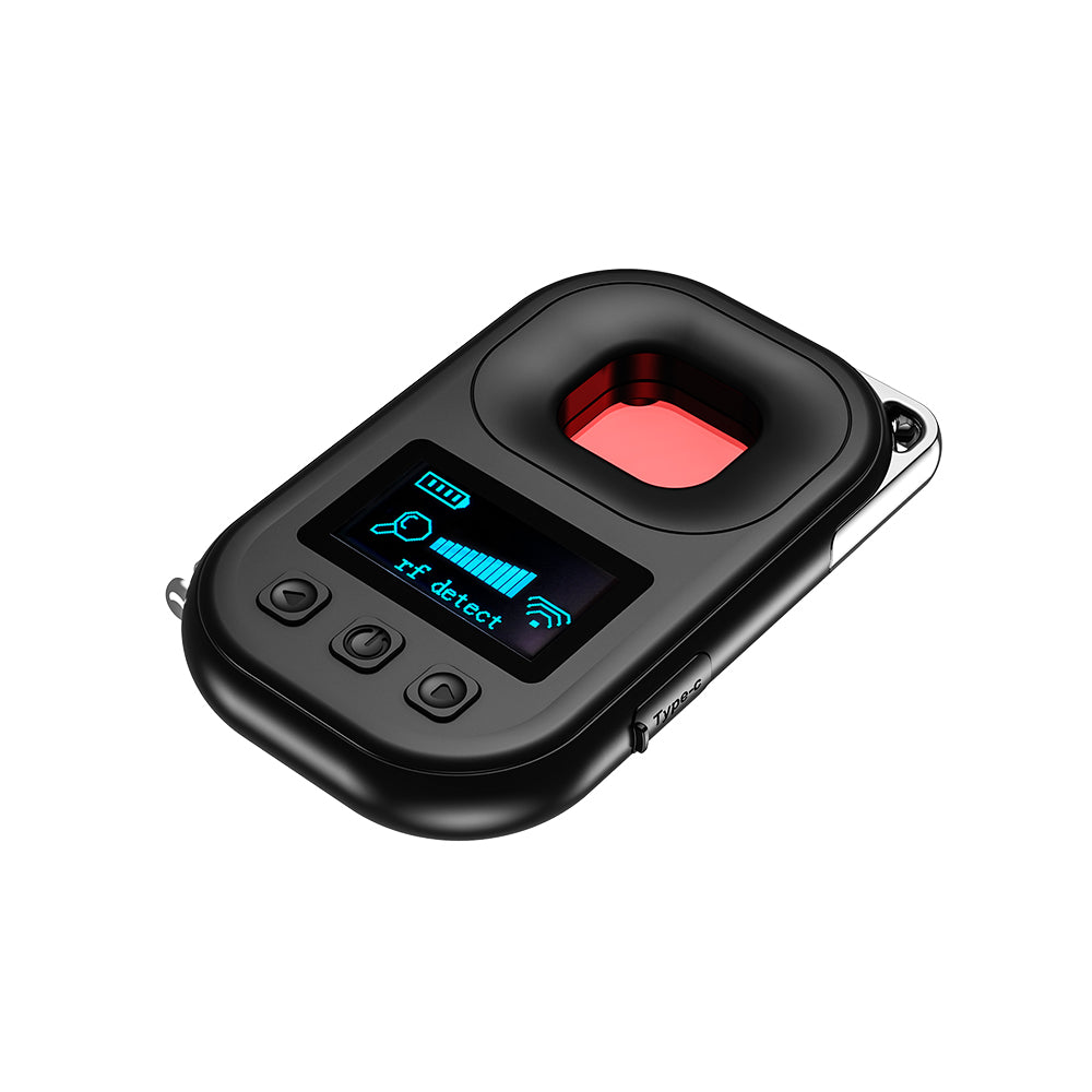 Top-down perspective of the Tactical Outland Pro camera detector showing the interface buttons and sleek matte finish.