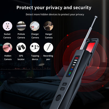 Using a hidden camera detector to scan for socket cameras, pinhole cameras, and GPS trackers in a bedroom setting for privacy protection.