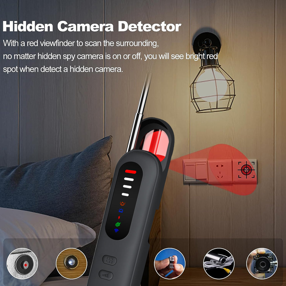 Hidden camera detector using a red viewfinder to locate spy camera lenses in walls, outlets, and electronics.