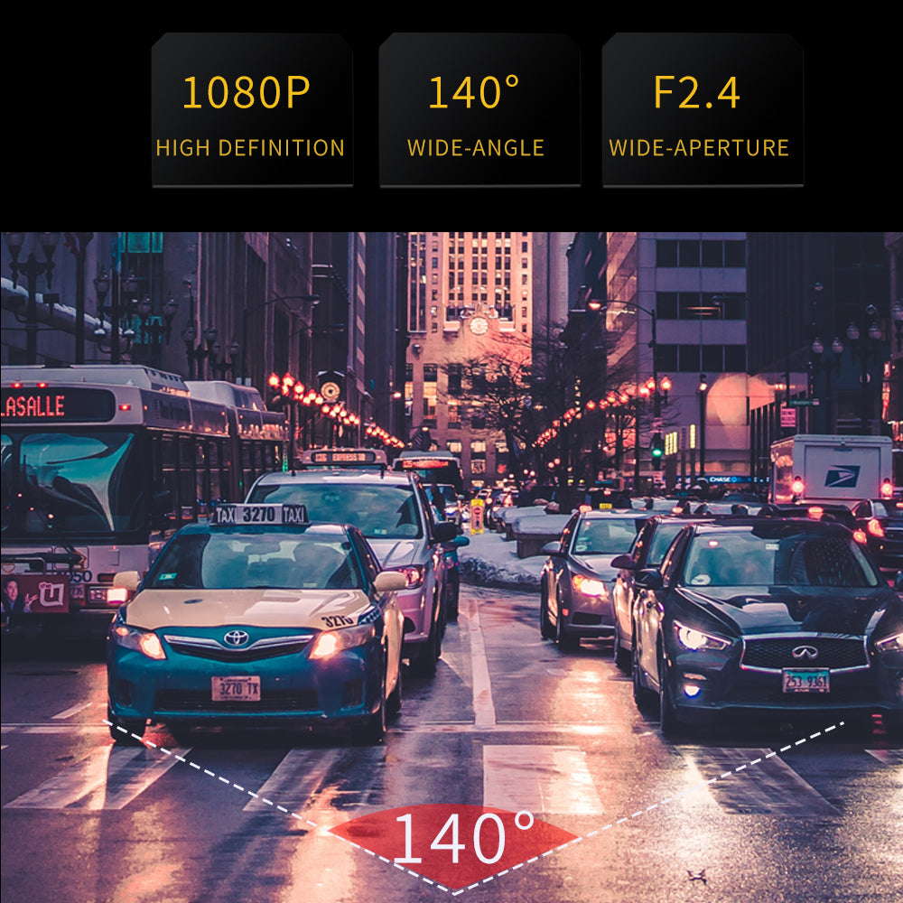 1080p high definition and 140-degree wide-angle lens comparison showing a clear, expansive view of urban traffic for maximum evidence collection.