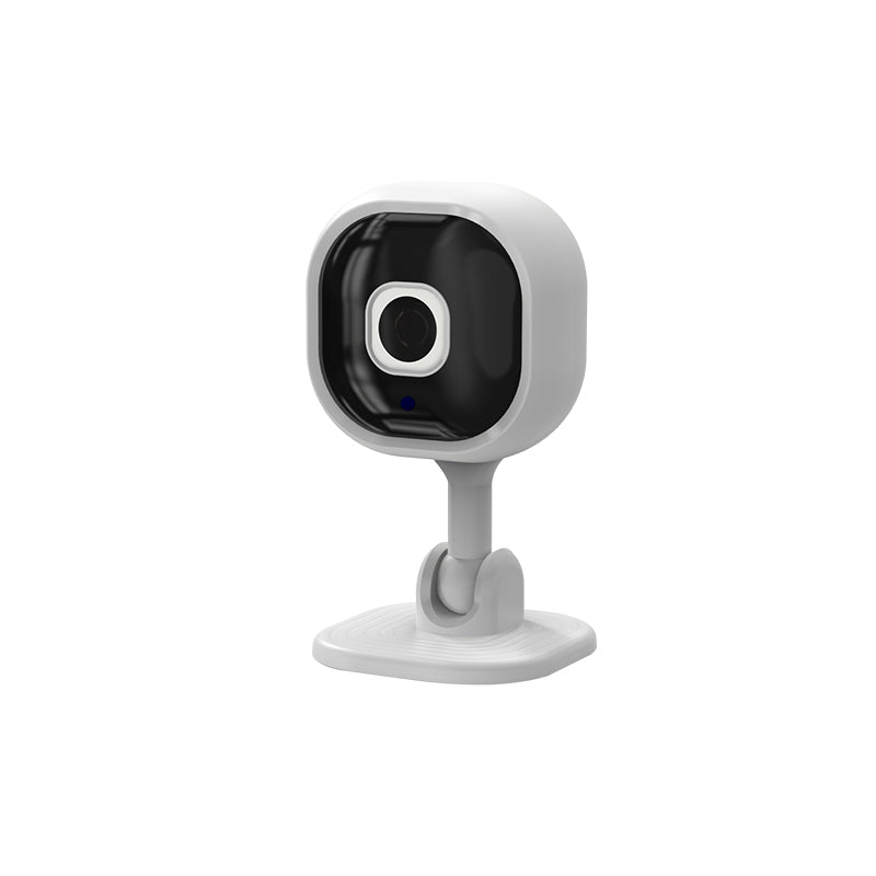 Smart WiFi indoor security camera in white with 360-degree adjustable stand for home monitoring.