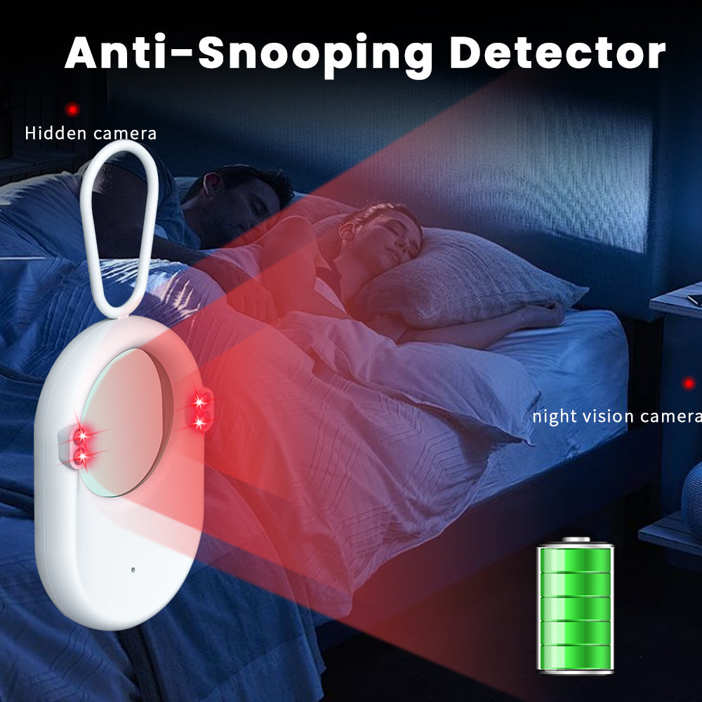 Portable white infrared hidden camera detector being used in a hotel bedroom to identify spy cameras for enhanced privacy.