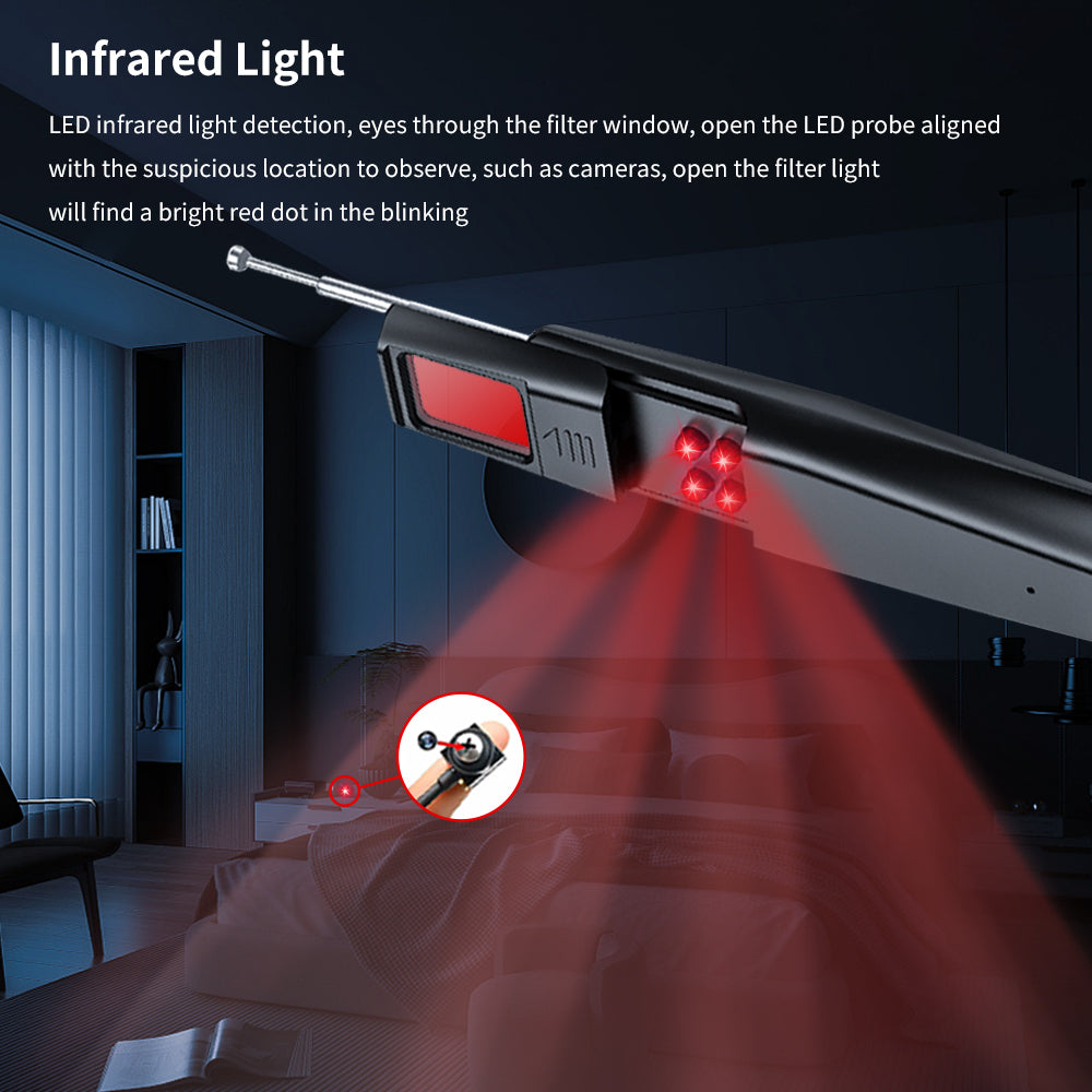 Infrared light scanning through the specialized filter window to reveal hidden camera lenses as bright red dots.